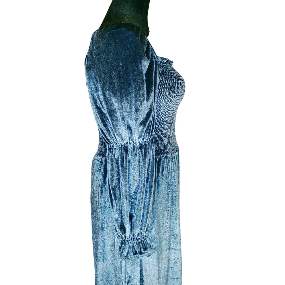 Velvet Milkmaid Smocked Square Neck Peasant Puff Sleeve Mini‎ Dress - Blue XL - Picture 4 of 11